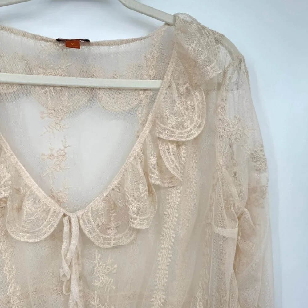 Scully Leather Honey Creek Ivory Embroidered Mesh Tie Front Blouse Woman’s size - Picture 2 of 12